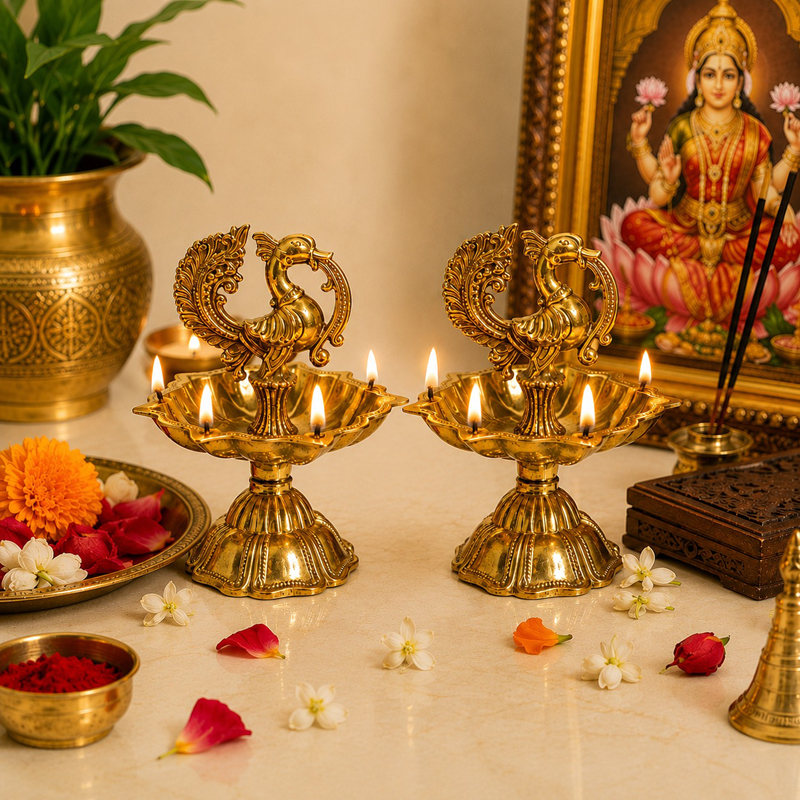 Peacock Heritage Brass Diya - Set of Two