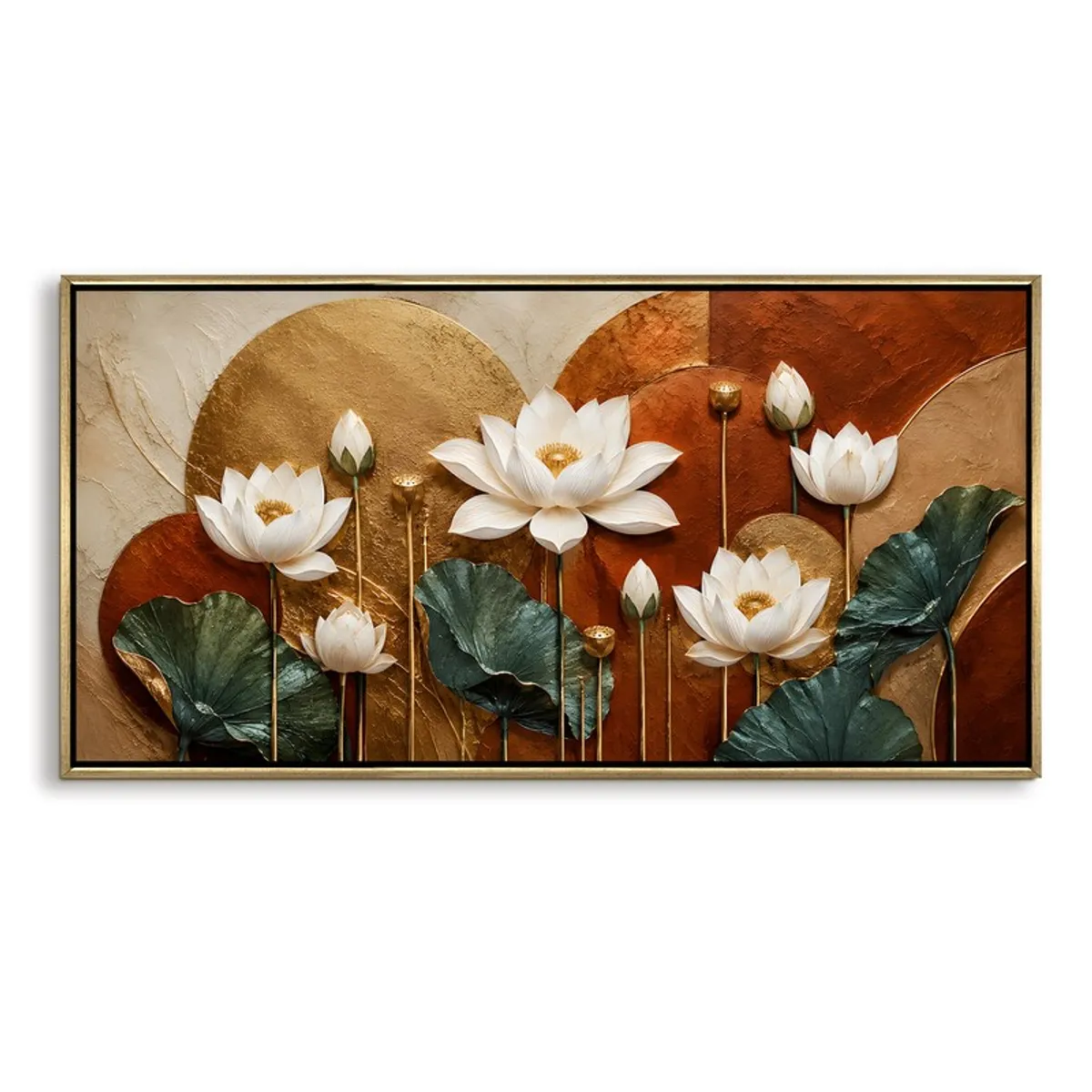 Lotus canvas wall painting with golden frame on a plain white background