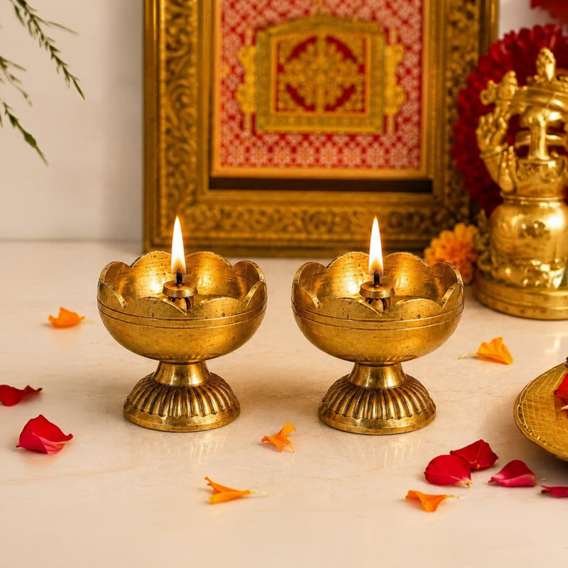 Lotus Glow Brass Diya - Set of Two