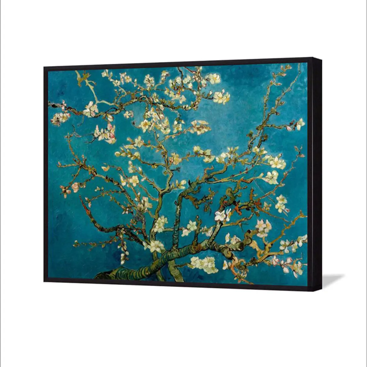 Angled view of framed blue almond blossom canvas wall painting