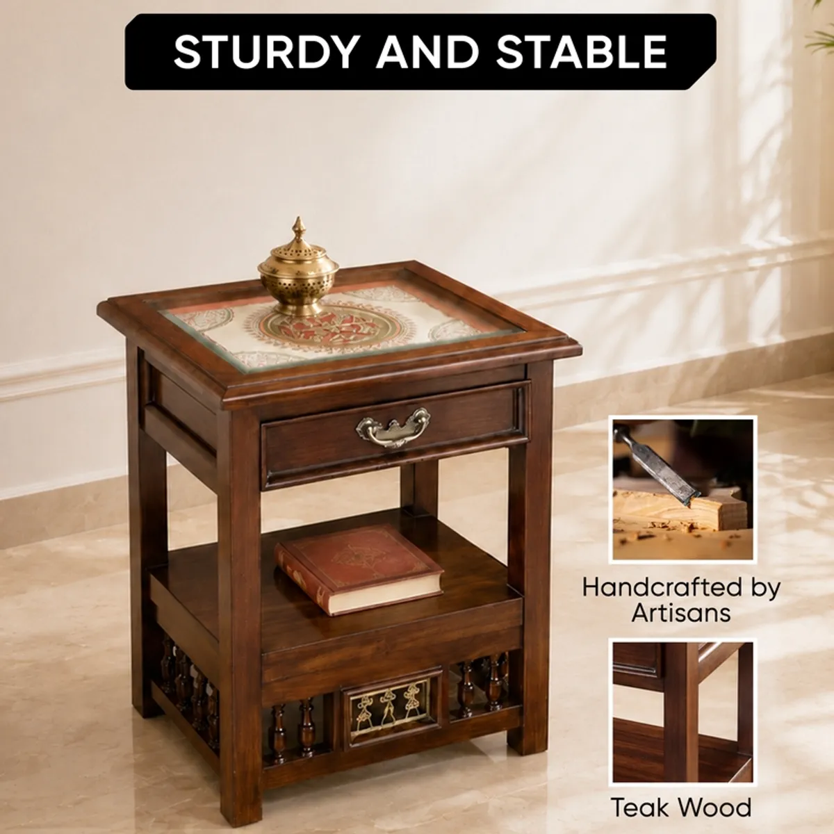 Rustic brown side table with drawer, shelf and carved decorative details