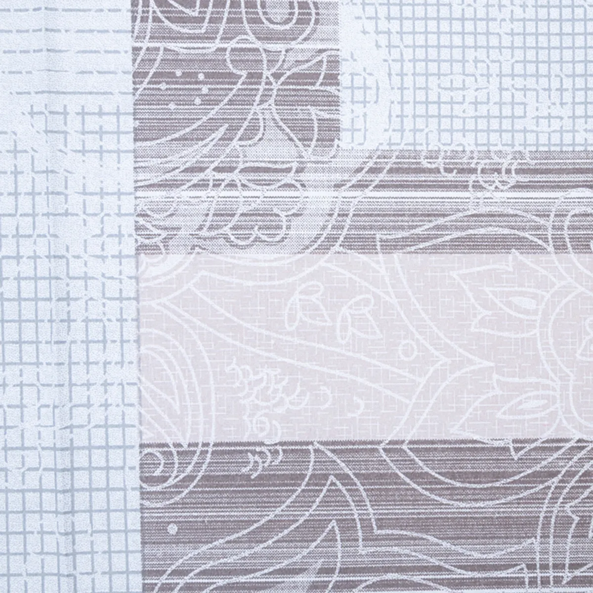 Detailed view of the printed geometric and scroll pattern in grey, beige and off-white