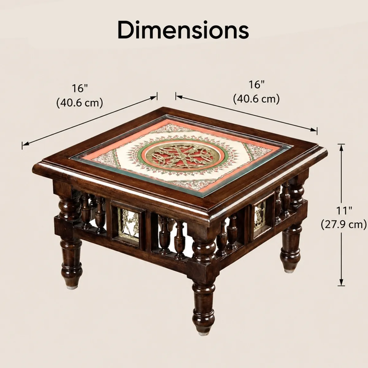 Brown square side table with decorative top shown with dimension markers