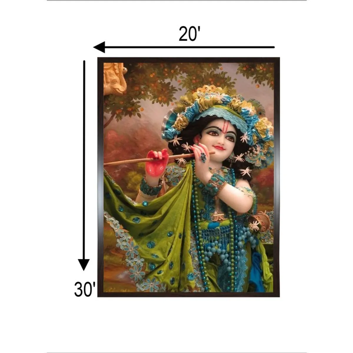 Framed Krishna wall painting with visible dimensions marked