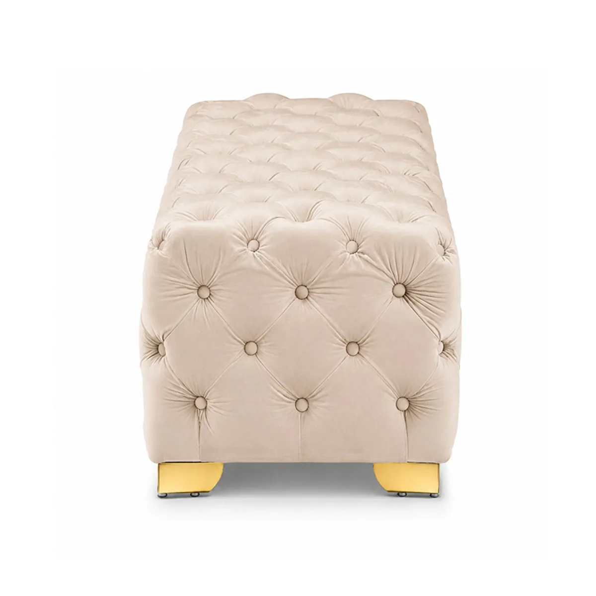 Side view of the beige velvet bench showing tufted upholstery and gold-finished legs.