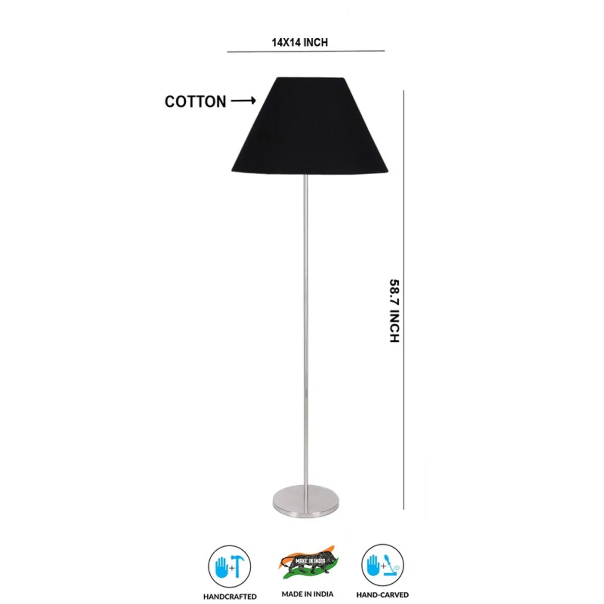 Black floor lamp shown on white background with printed dimension markings