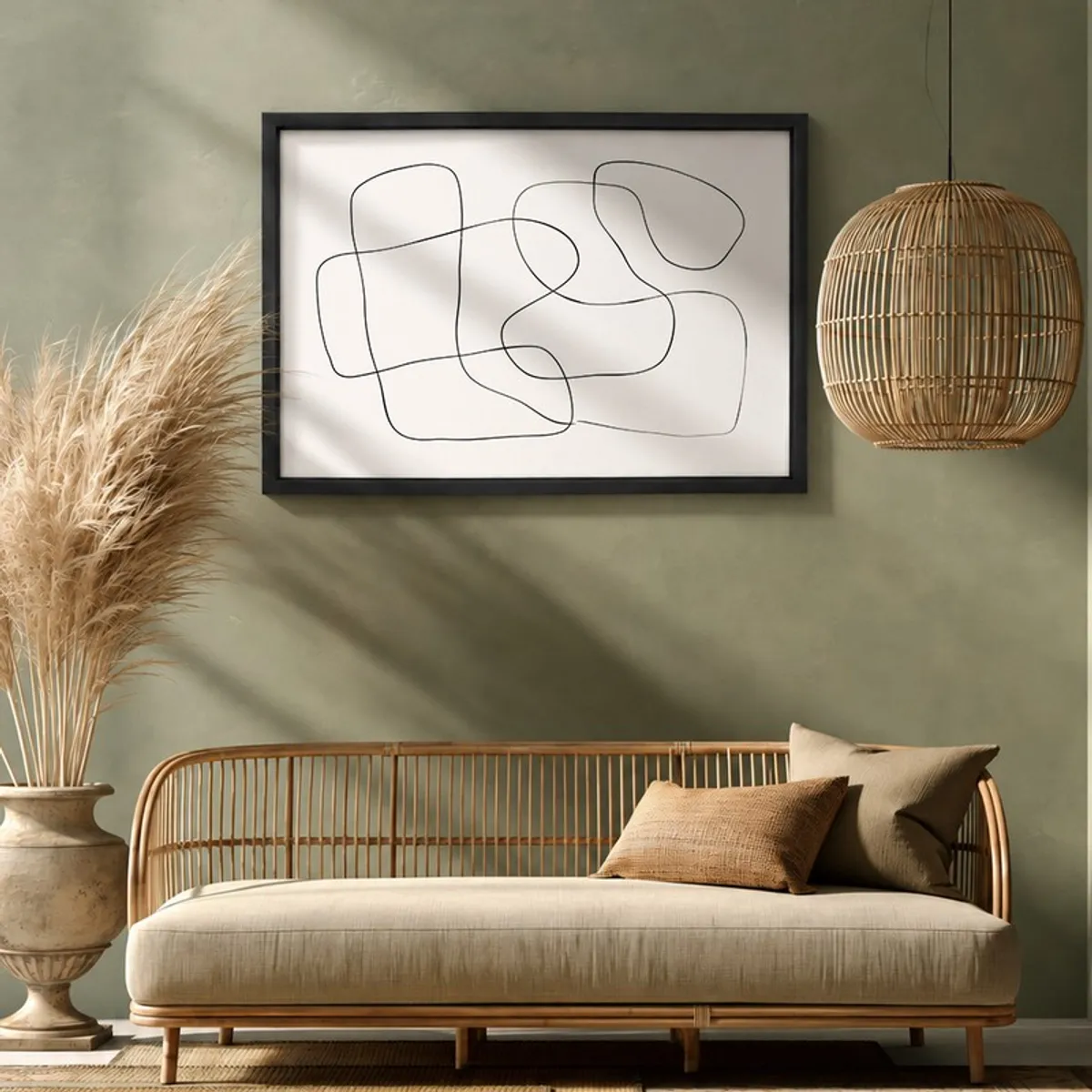 Rectangular abstract line canvas painting in a black frame on a green wall