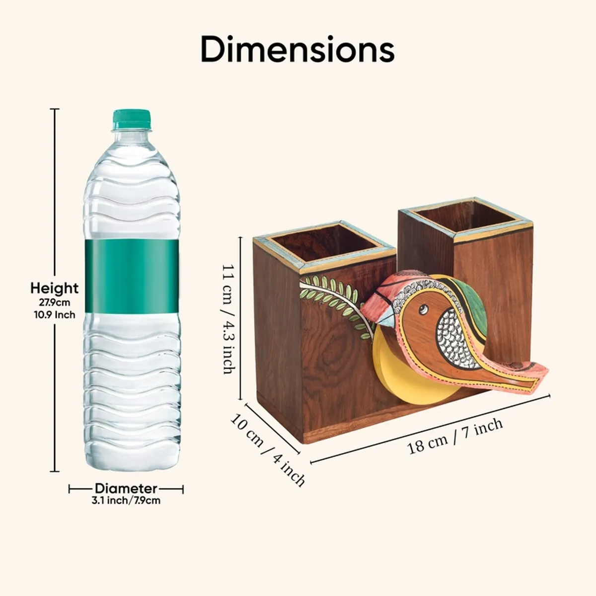 Front view of the sparrow cutlery holder with its overall dimensions illustrated.