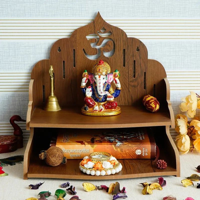 Wooden mandir with carved Om motif and two-tier open shelf structure