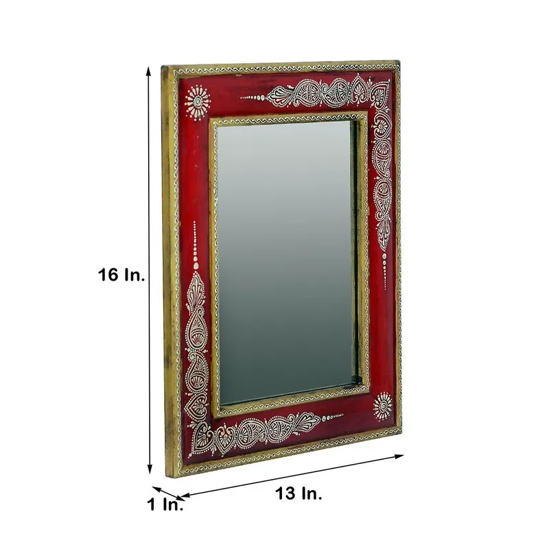 Angled red wall mirror with visible 13 by 16 inch dimensions