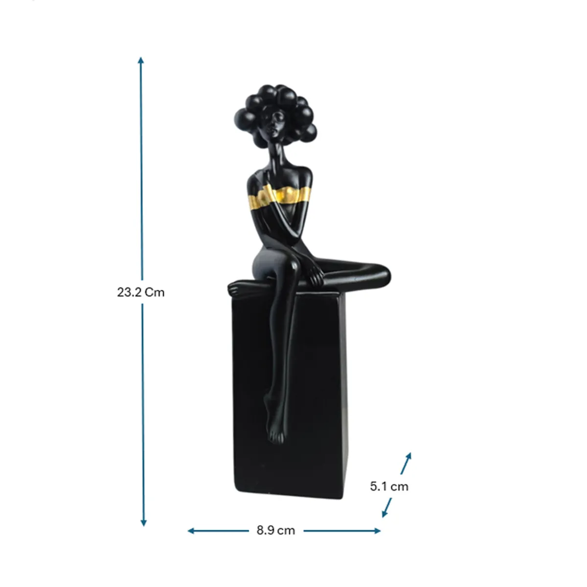 Black and gold sitting lady showpiece shown with height and base measurements