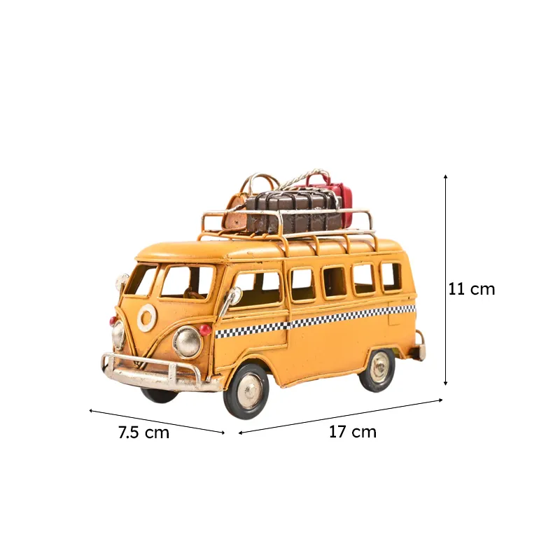 Yellow caravan showpiece with displayed dimensions on white background