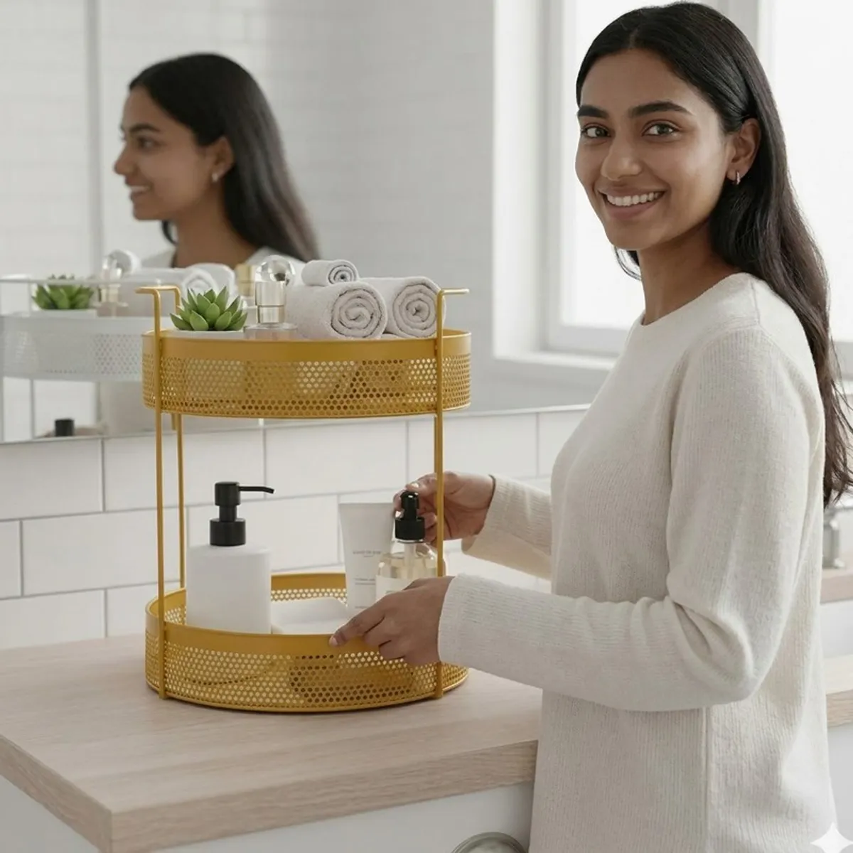 Person placing toiletries into a yellow two-tier organiser