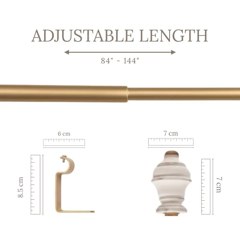 Extendable curtain rod with bracket and finial shown in a size graphic