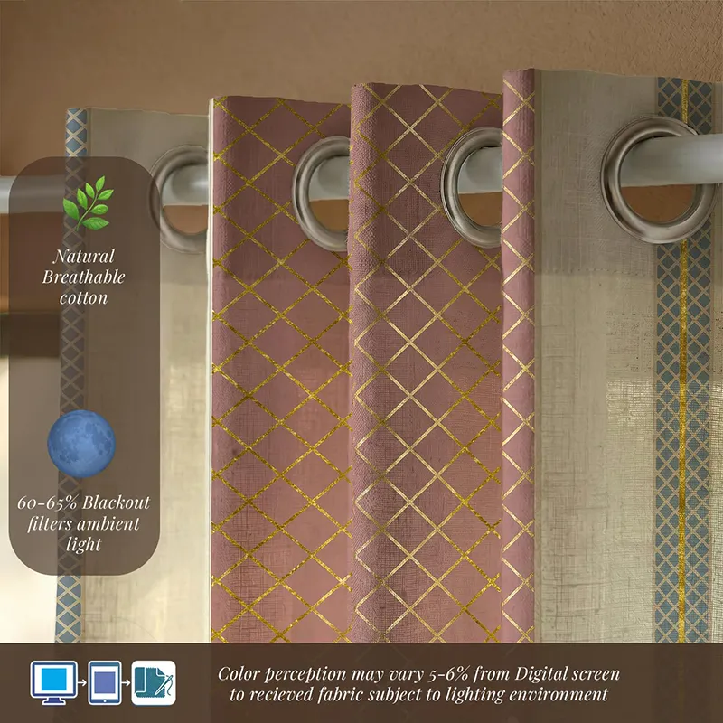 Close-up of eyelet curtain top in pink, gold and off-white cotton fabric