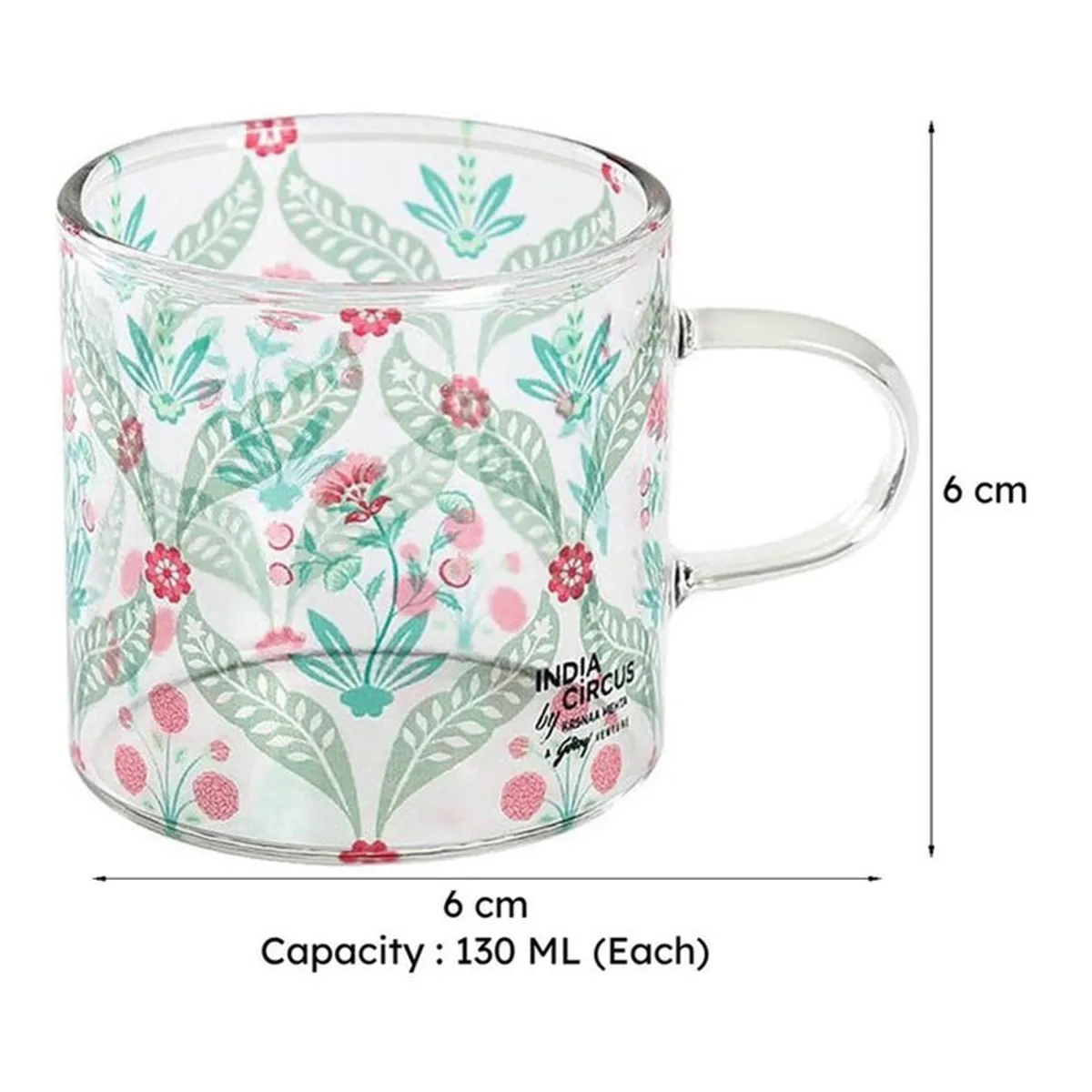 Single transparent floral glass mug with handle on a white background