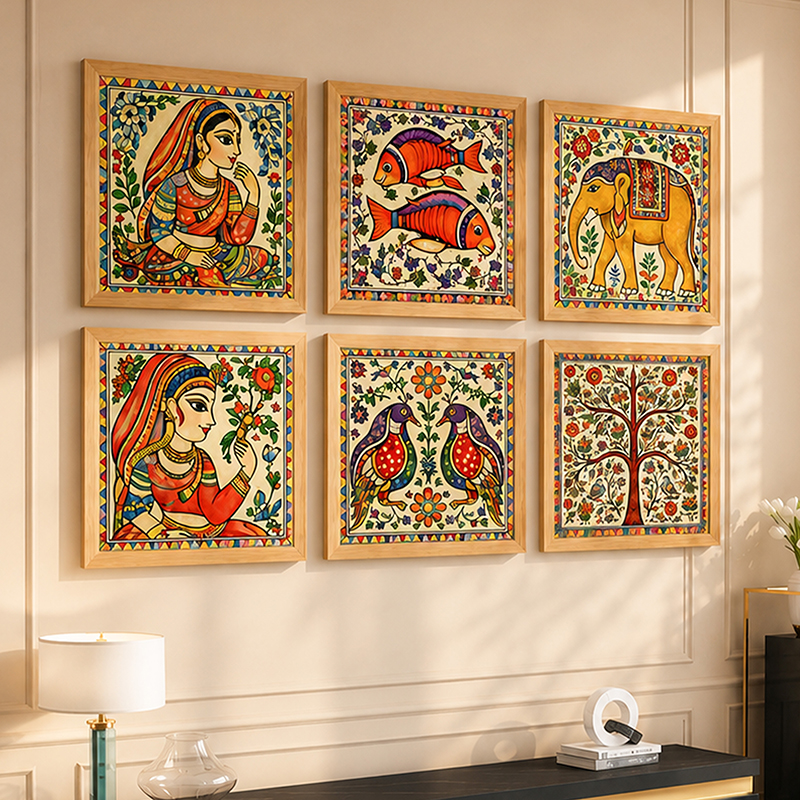 Madhubani Traditional Paper Wall Painting With Frame - Set Of Six