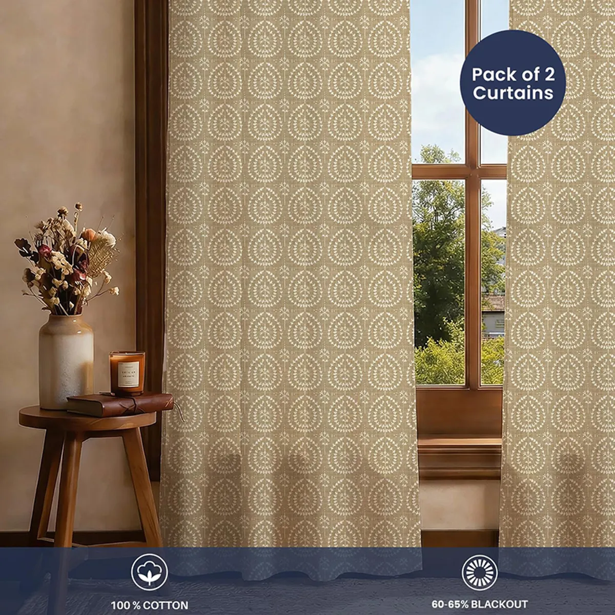 Close view of beige patterned curtains softly filtering daylight in a window setting.