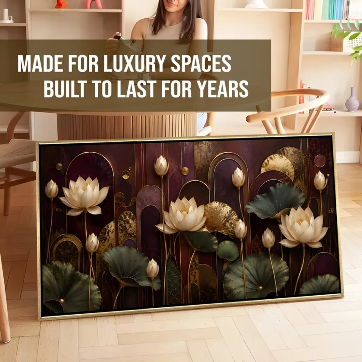 Large lotus canvas wall painting with gold frame leaning on the floor