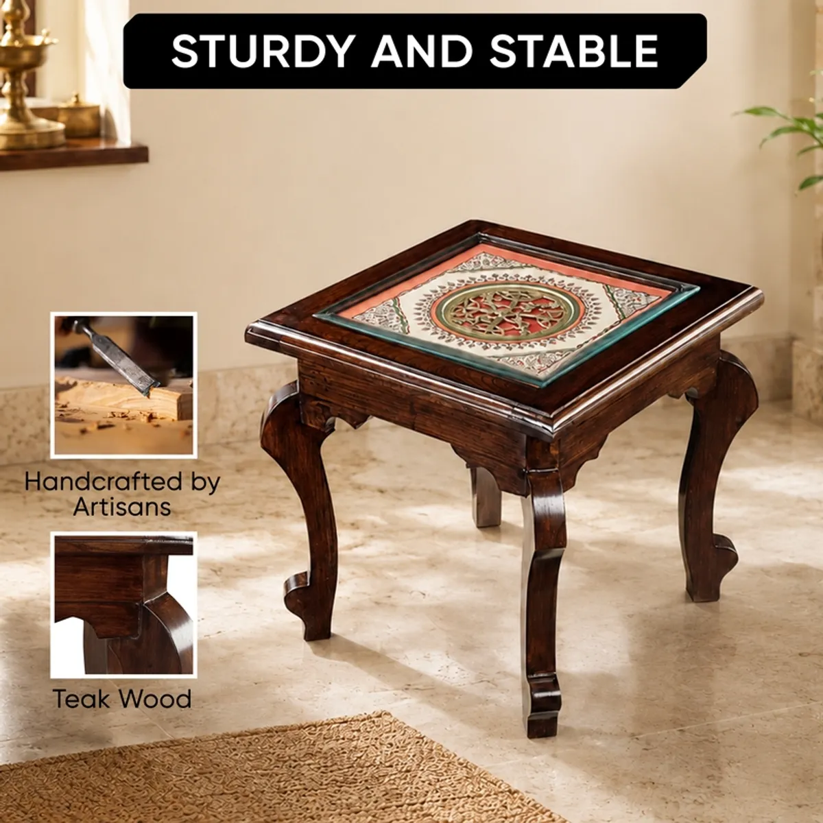 Brown teak wood side table with carved legs and square top