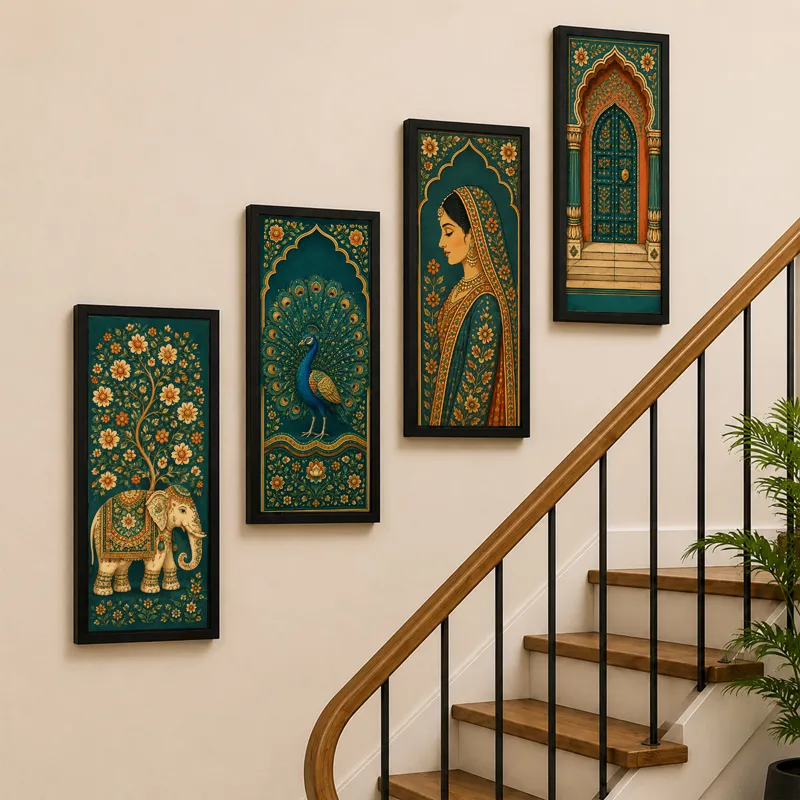 Set of four framed paintings arranged along a staircase wall