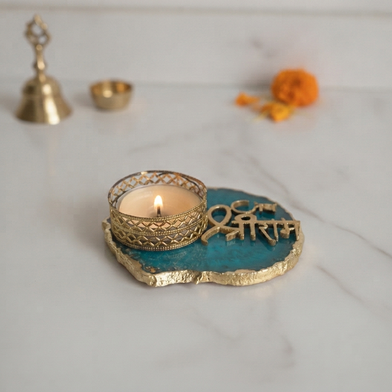Jai Sri Ram Handcrafted Agate Tealight Candle Holder - Turquoise