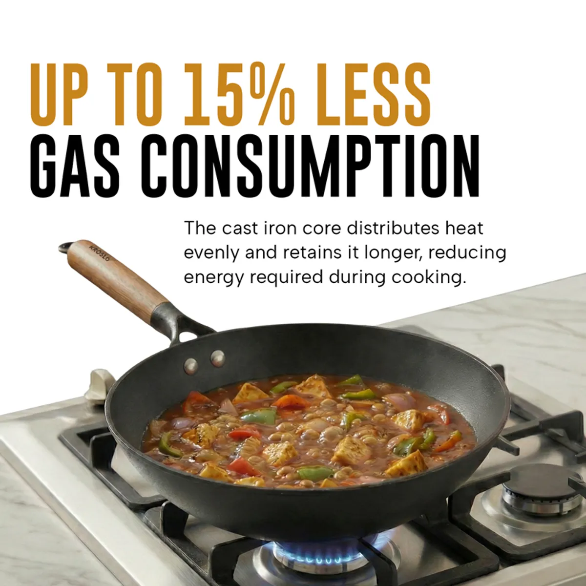 Black frying pan filled with food on a gas stovetop
