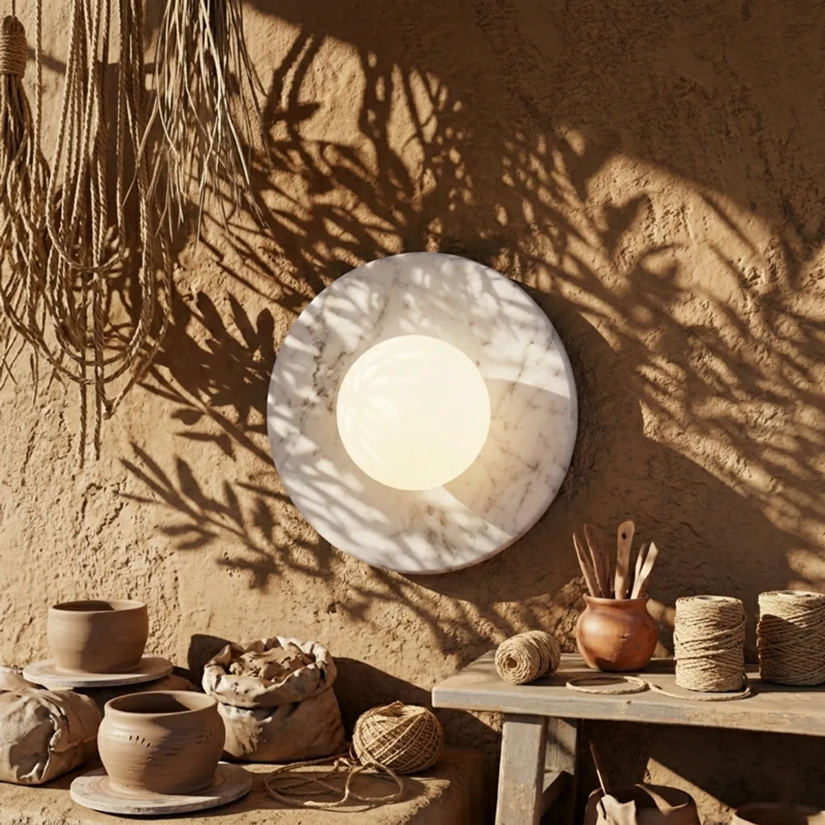 Marble-look wall lamp glowing on a warm textured wall in a rustic setting