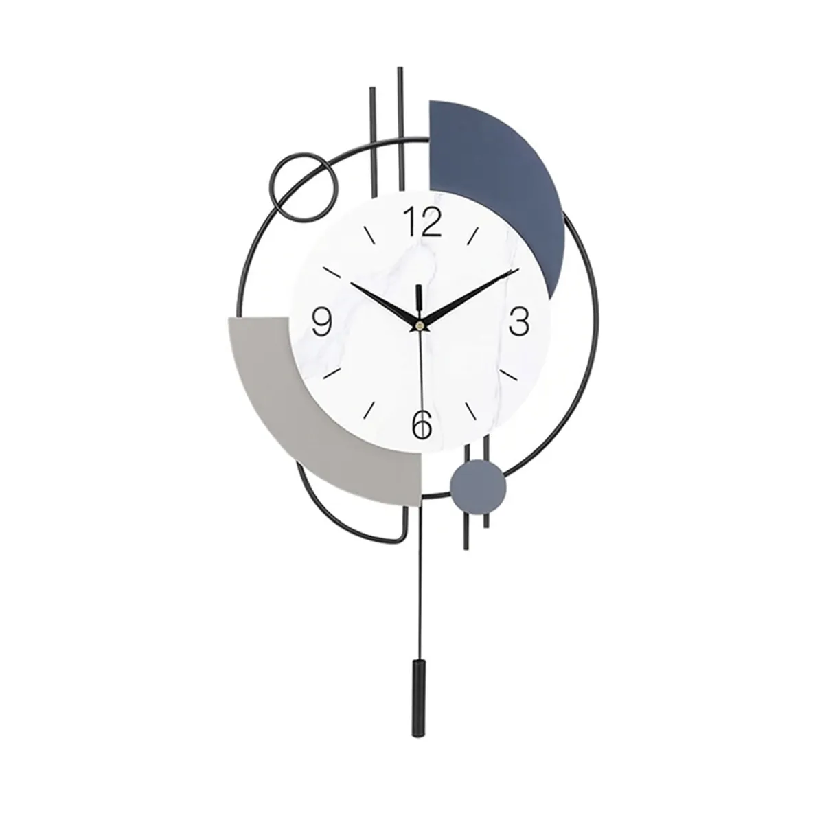Front view of the white, grey and black geometric metal wall clock