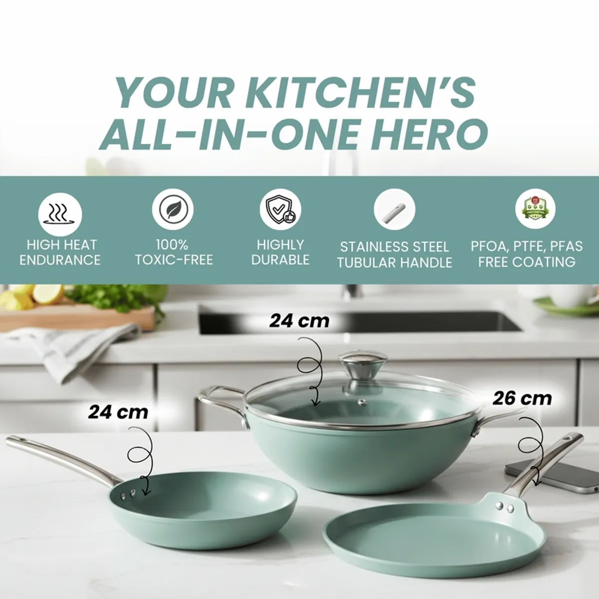 Cookware set displayed with icons highlighting non-toxic coating and stainless steel handles