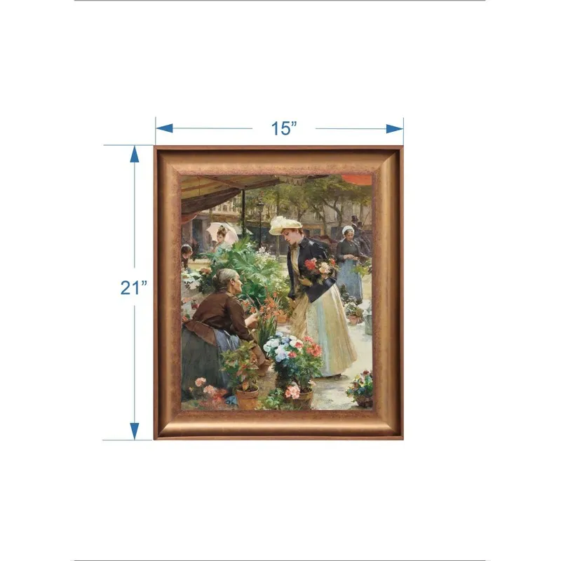 Framed flower market painting with visible size markings