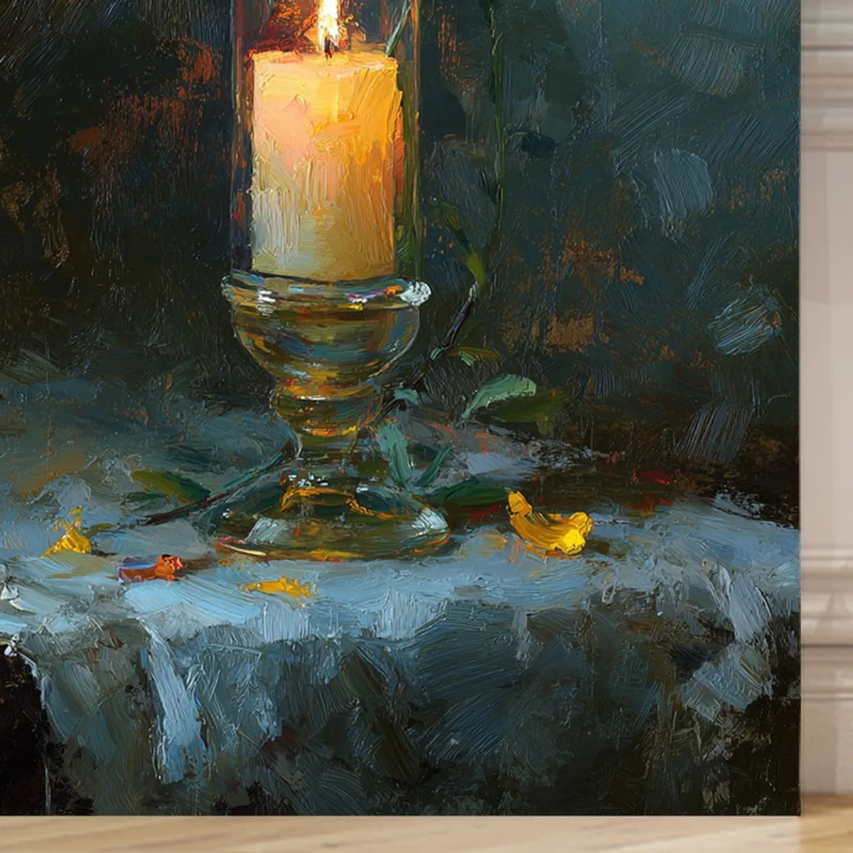 Close-up of the lower section of the candle painting showing textured brushwork