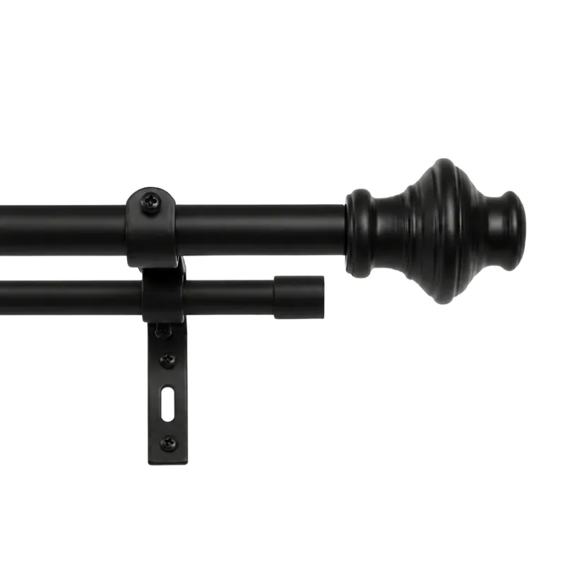 Close-up of the black rod, bracket and ornate urn-shaped finial