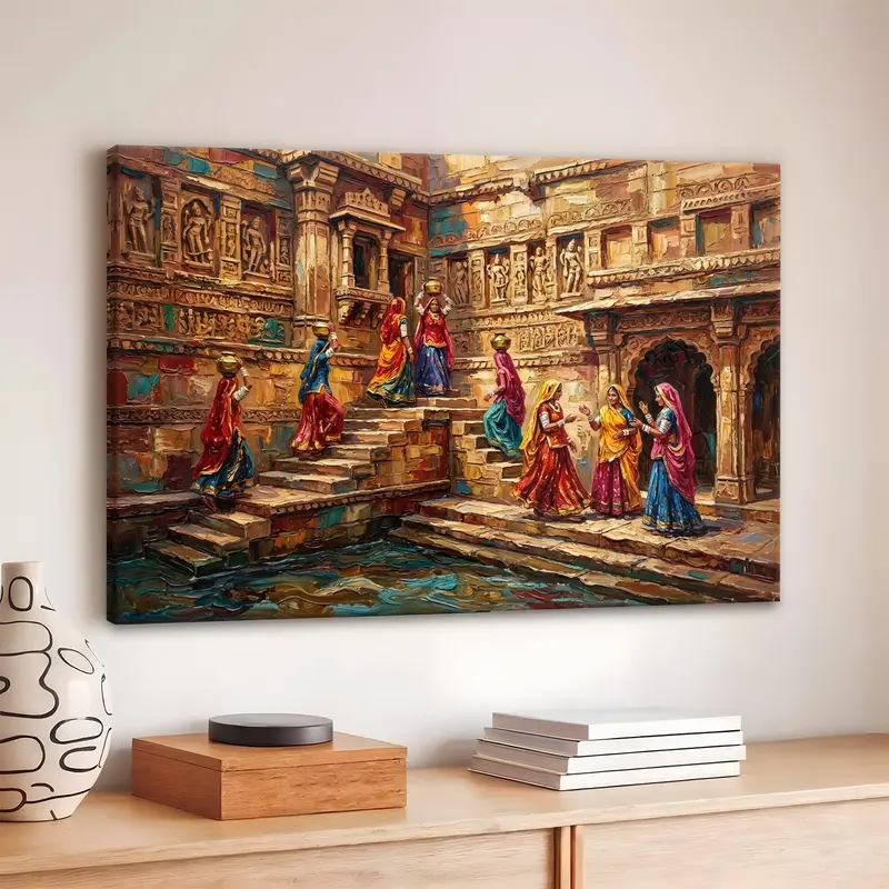Historic Stepwell Women Gathering Canvas Wall Painting