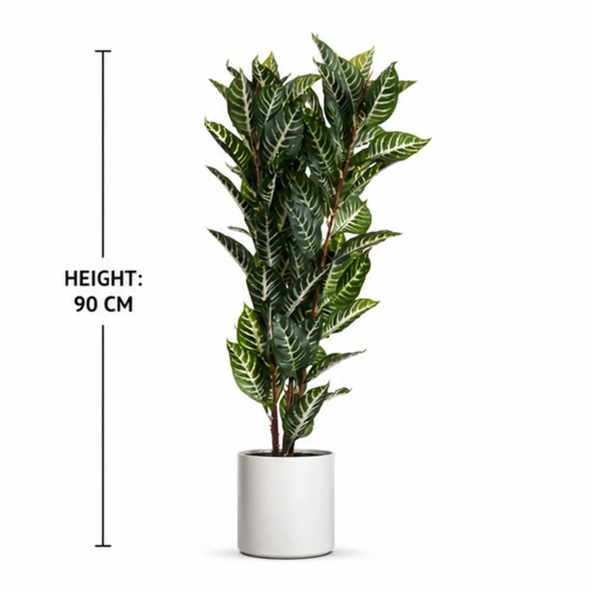Artificial leafy plant shown with a 90 cm height guide