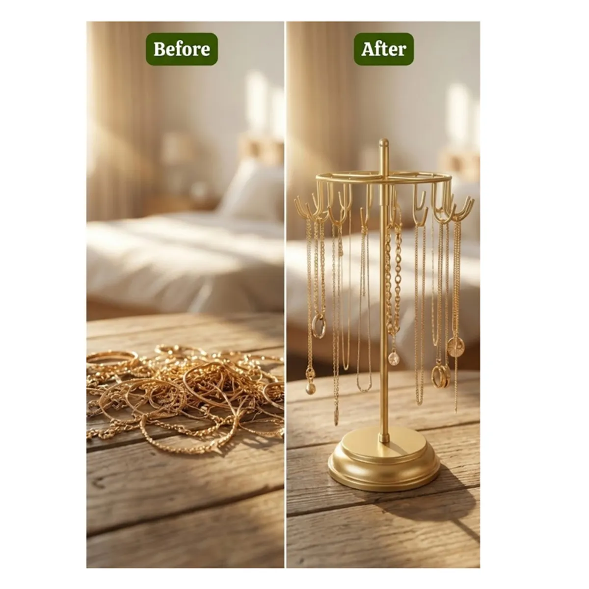 Split scene showing tangled jewellery beside a gold jewellery stand holding accessories.