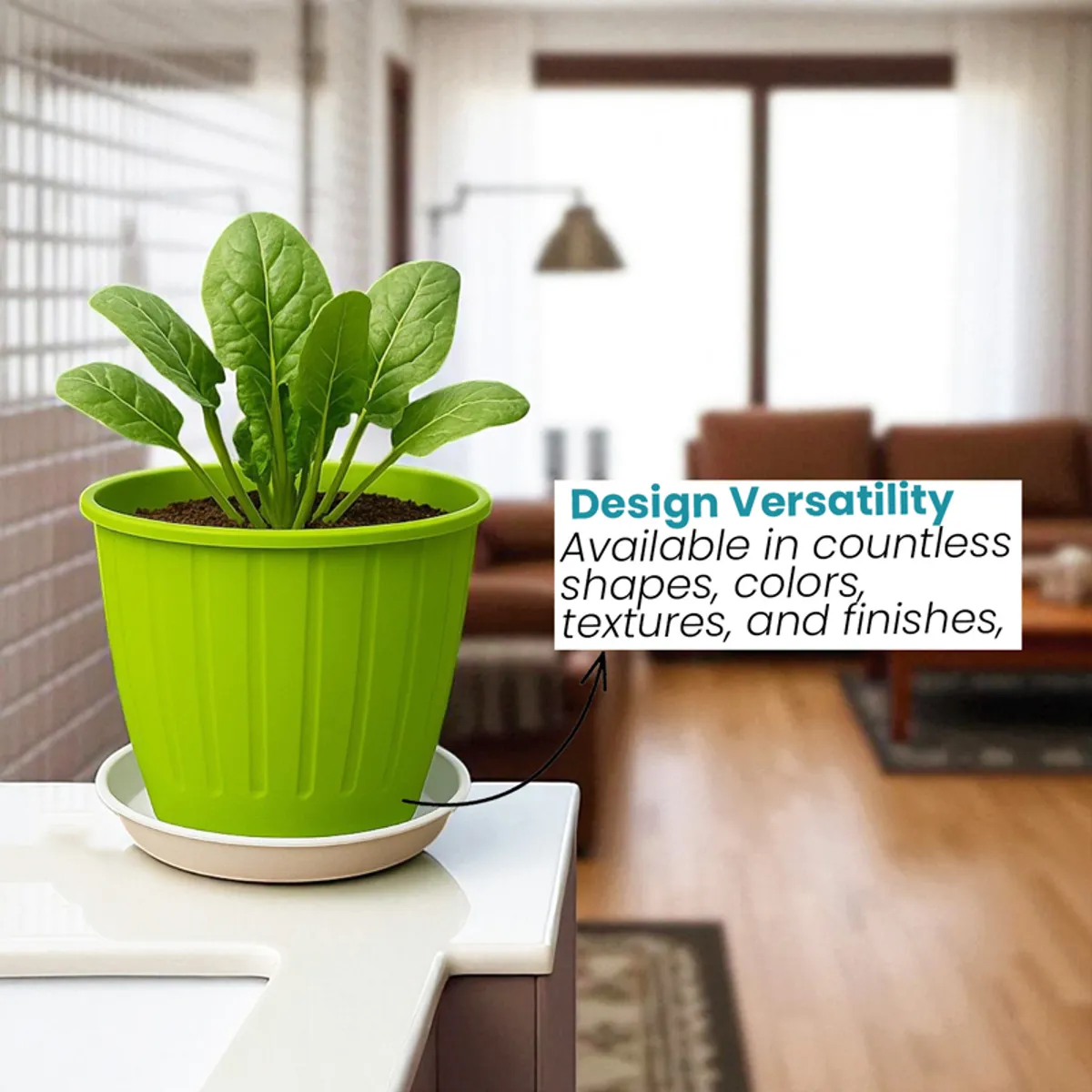 Green planter with white tray and leafy plant in an indoor setting