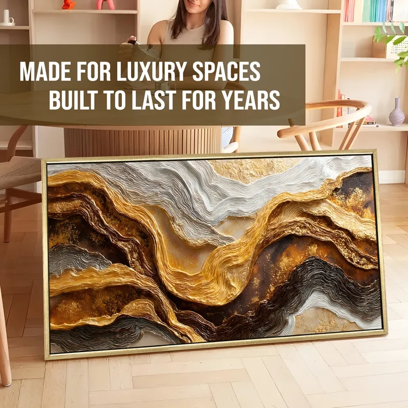 Large framed abstract painting with flowing metallic gold and brown layered design