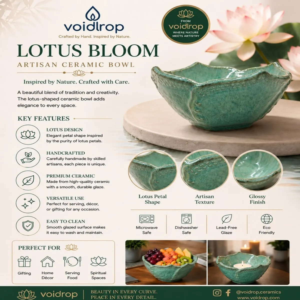 Green ceramic bowl shown beside lotus imagery with its sculpted rim and glossy finish