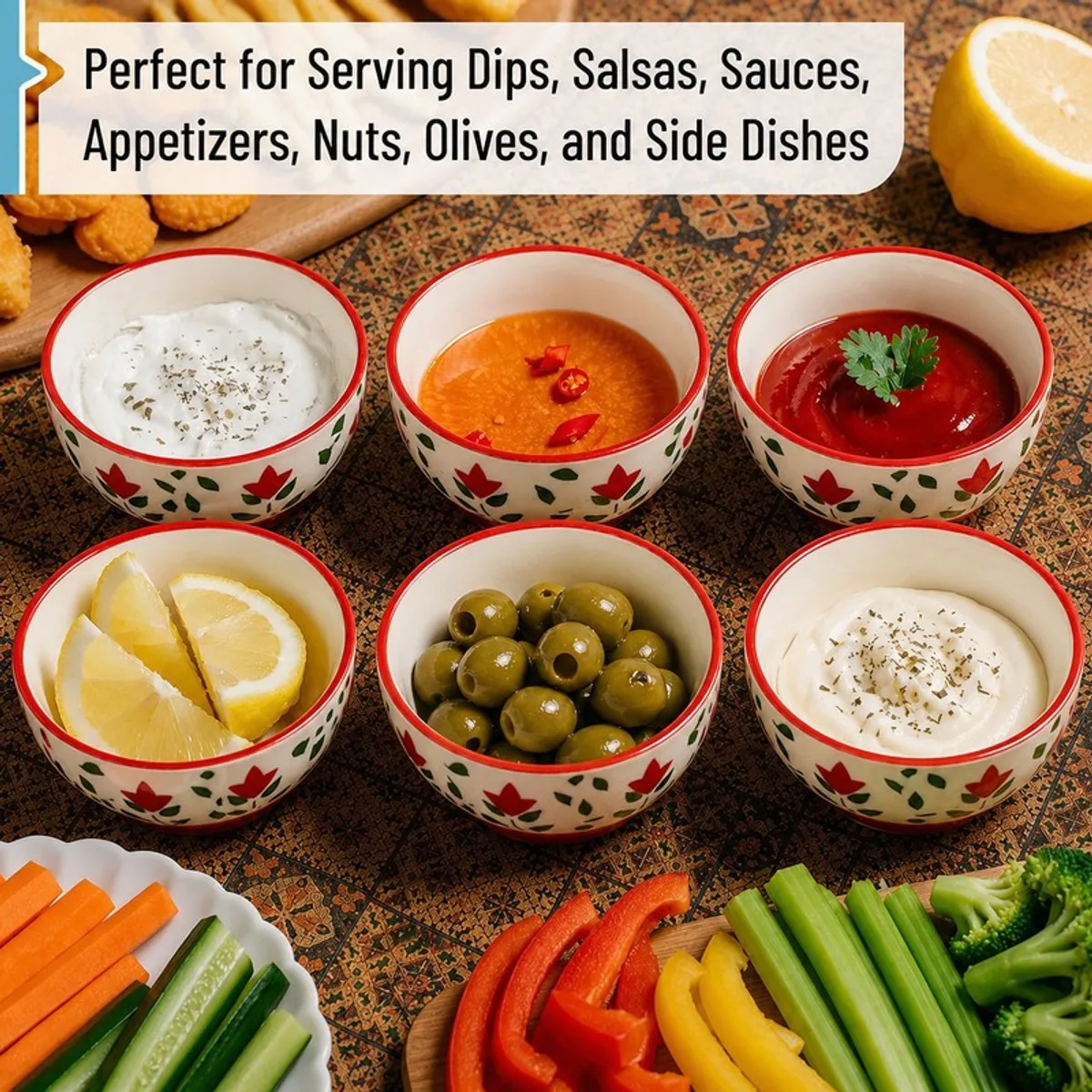 Six red and white floral bowls filled with dips, olives, sauces and snacks