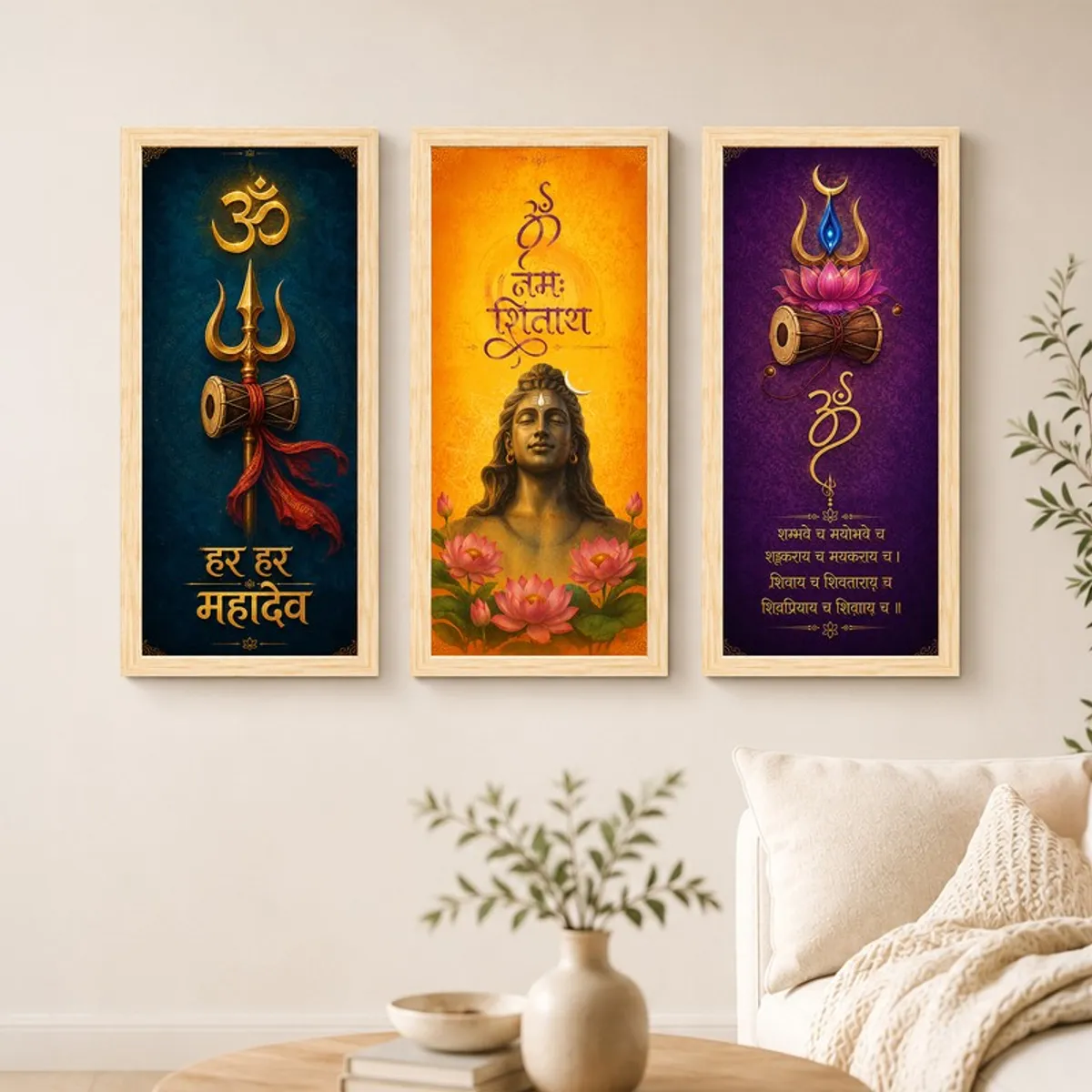 Three colourful framed Mahadev artworks arranged in a row on a neutral wall