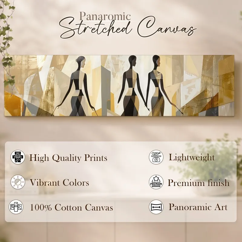 Panoramic canvas art with three silhouettes and layered abstract gold-beige shapes