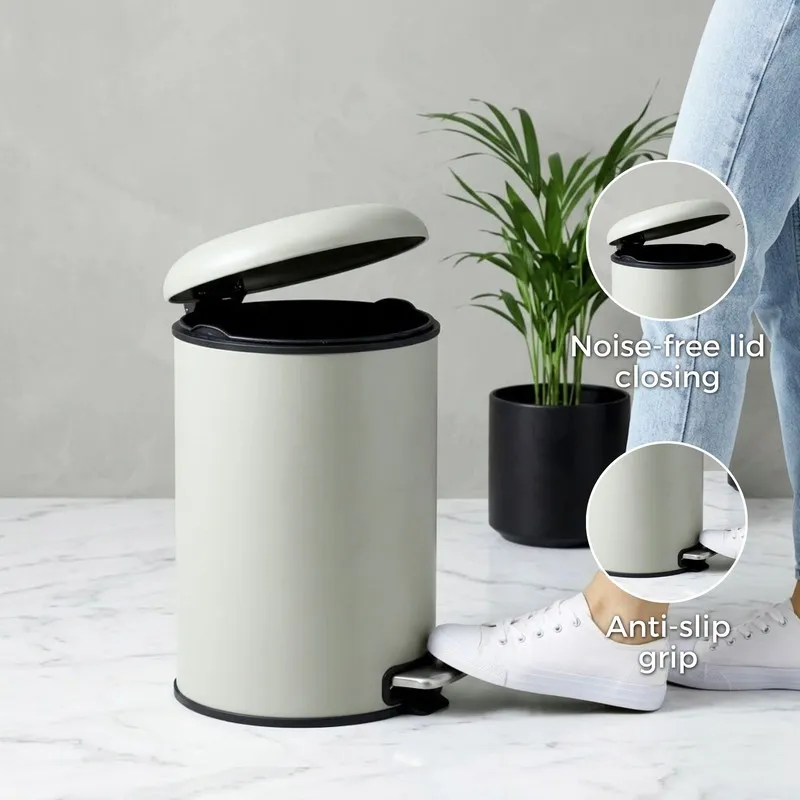 Light grey pedal dustbin shown with lid open