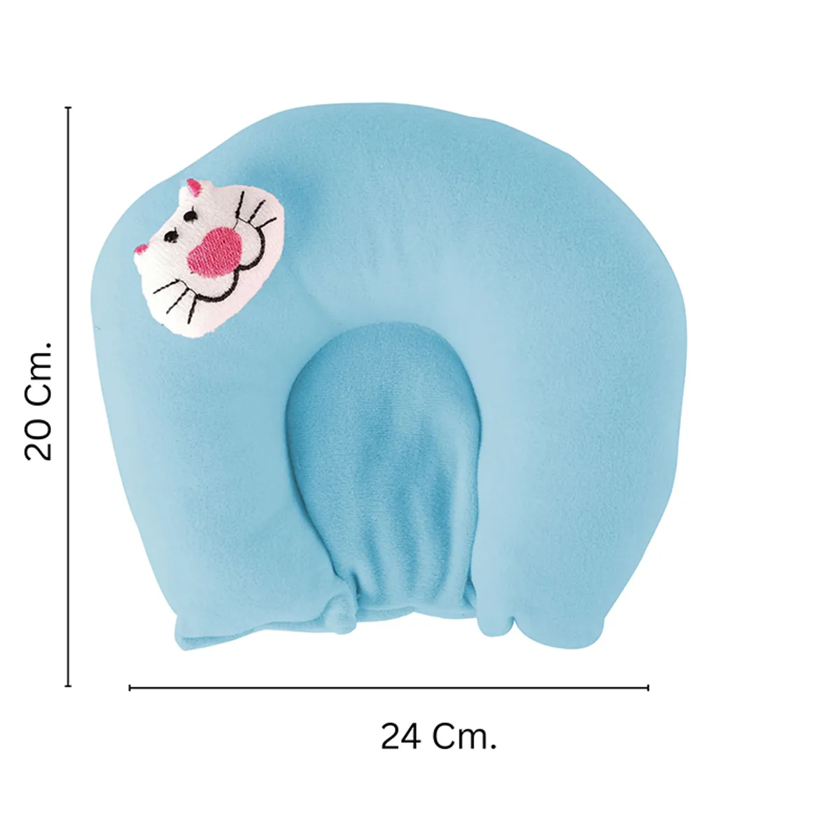 Blue baby neck pillow with visible height and width markings