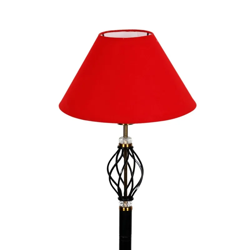 Close-up of red shade and spiral body detail on the floor lamp
