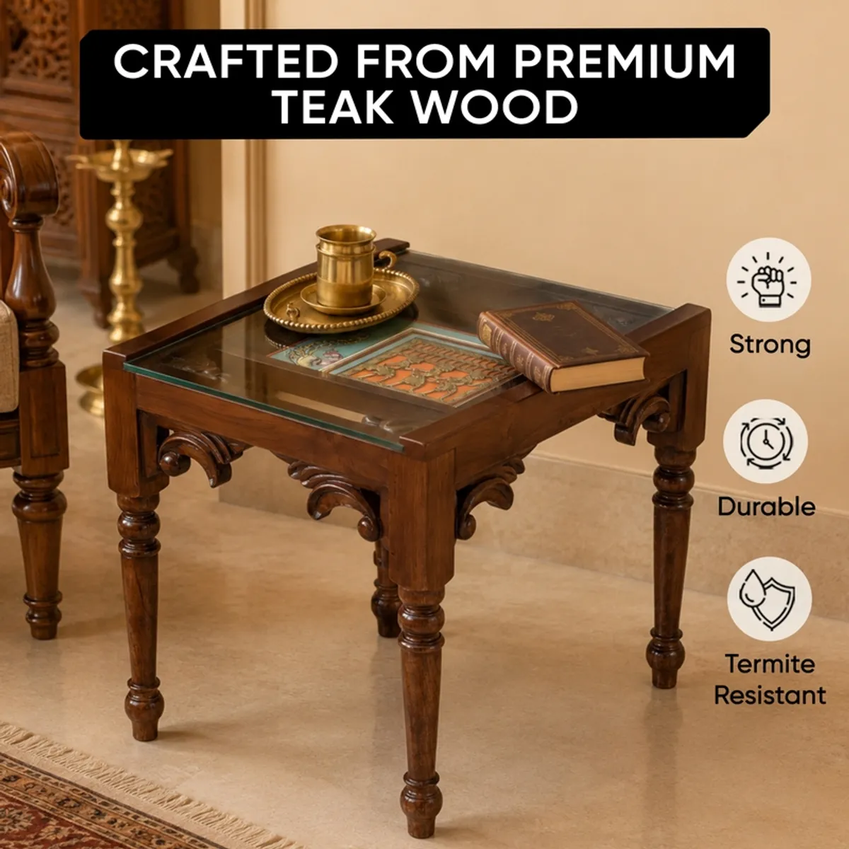 Brown teak wood side table styled in a living room corner