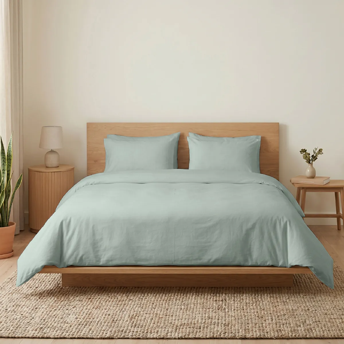 Front view of sage-green duvet cover on a neatly made wooden bed
