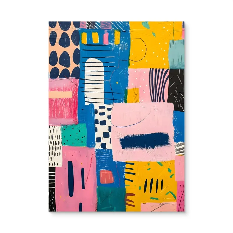 Close view of a multicolour abstract canvas wall painting with pink, blue and yellow blocks