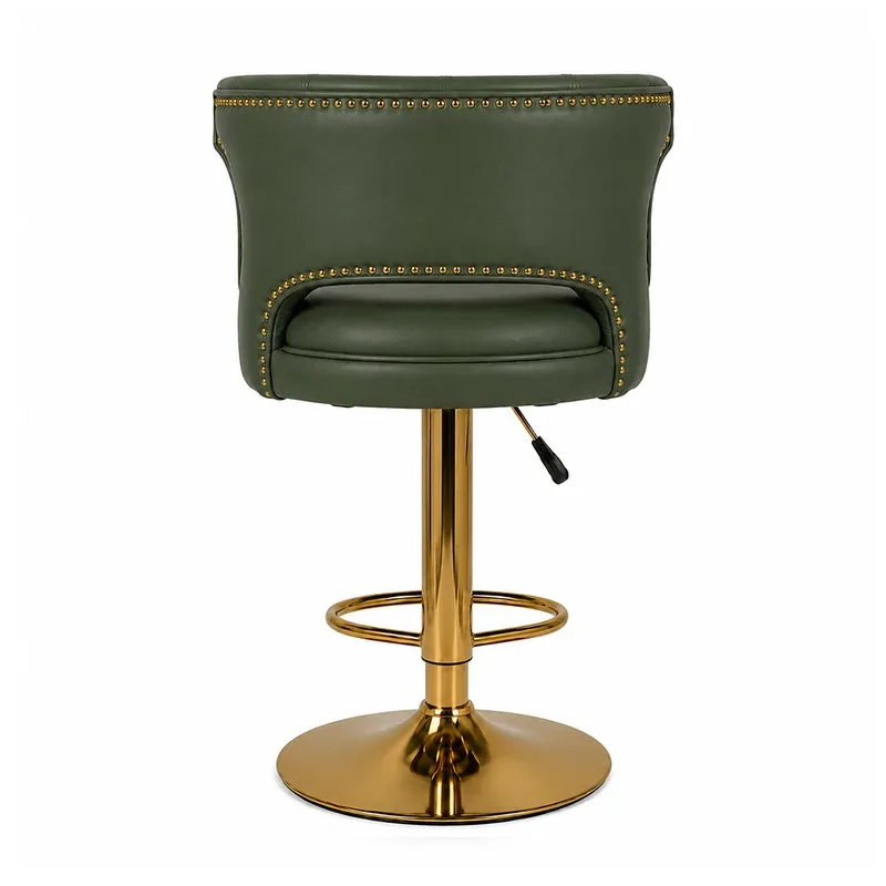 Rear view of a green bar stool with curved back, decorative studs and gold-toned base