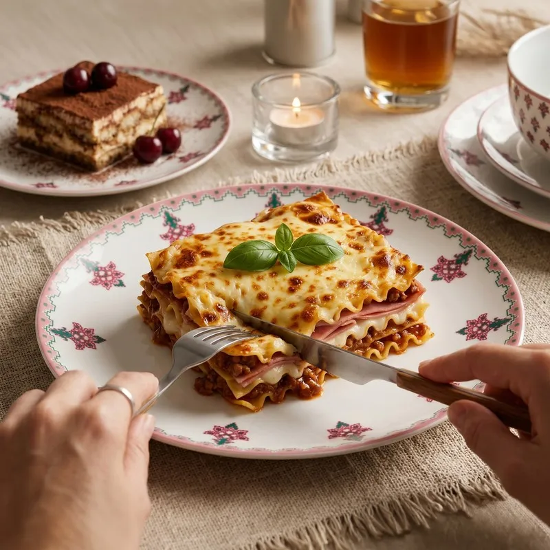 Pink and white patterned dinner plate styled with lasagne on a table